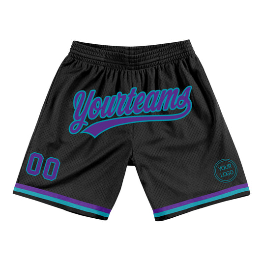 Custom Black Purple-Teal Authentic Throwback Basketball Shorts - Main View
