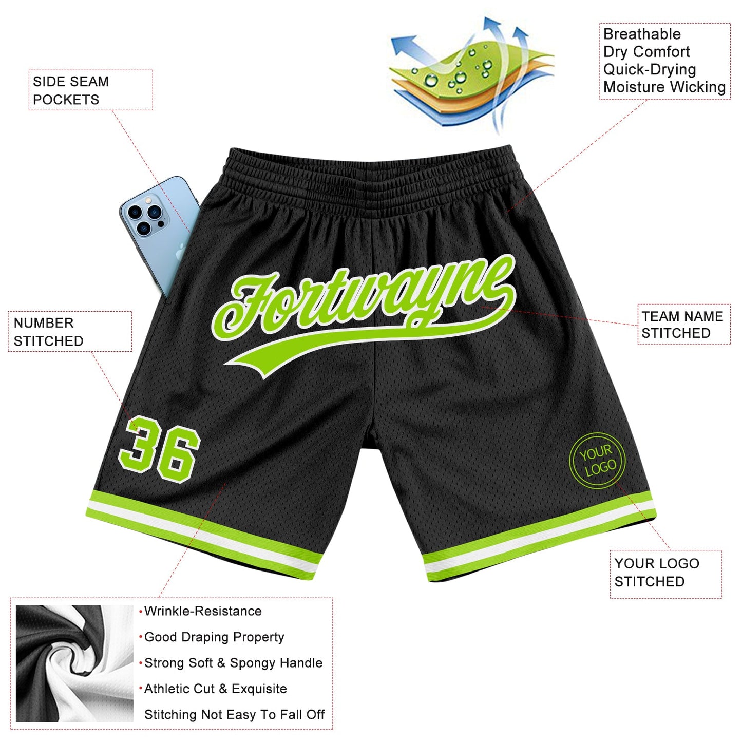 Custom Black Neon Green-White Authentic Throwback Basketball Shorts view 2
