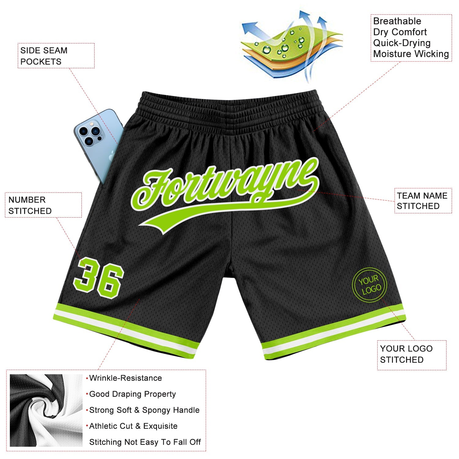 Custom Black Neon Green-White Authentic Throwback Basketball Shorts view 2
