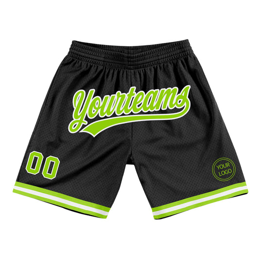 Custom Black Neon Green-White Authentic Throwback Basketball Shorts - Main View