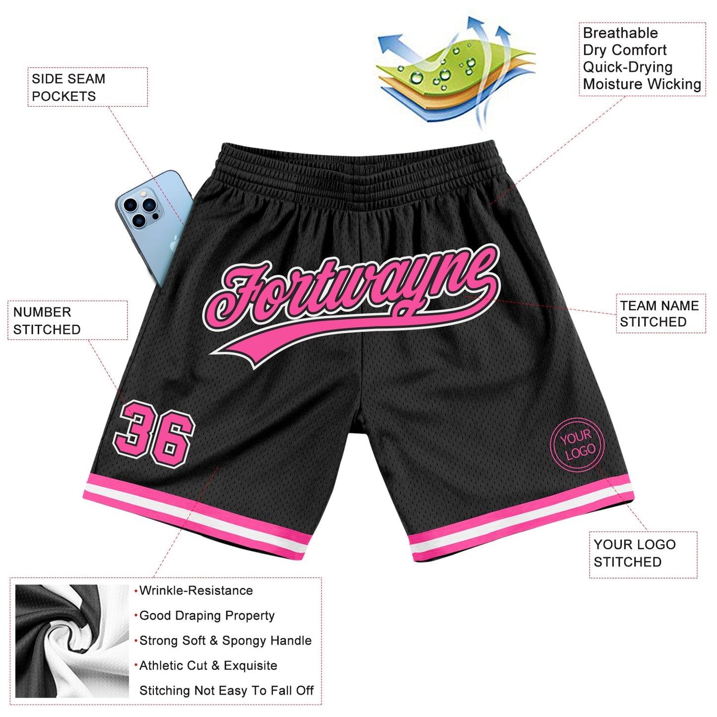 Custom Black Pink-White Authentic Throwback Basketball Shorts view 2