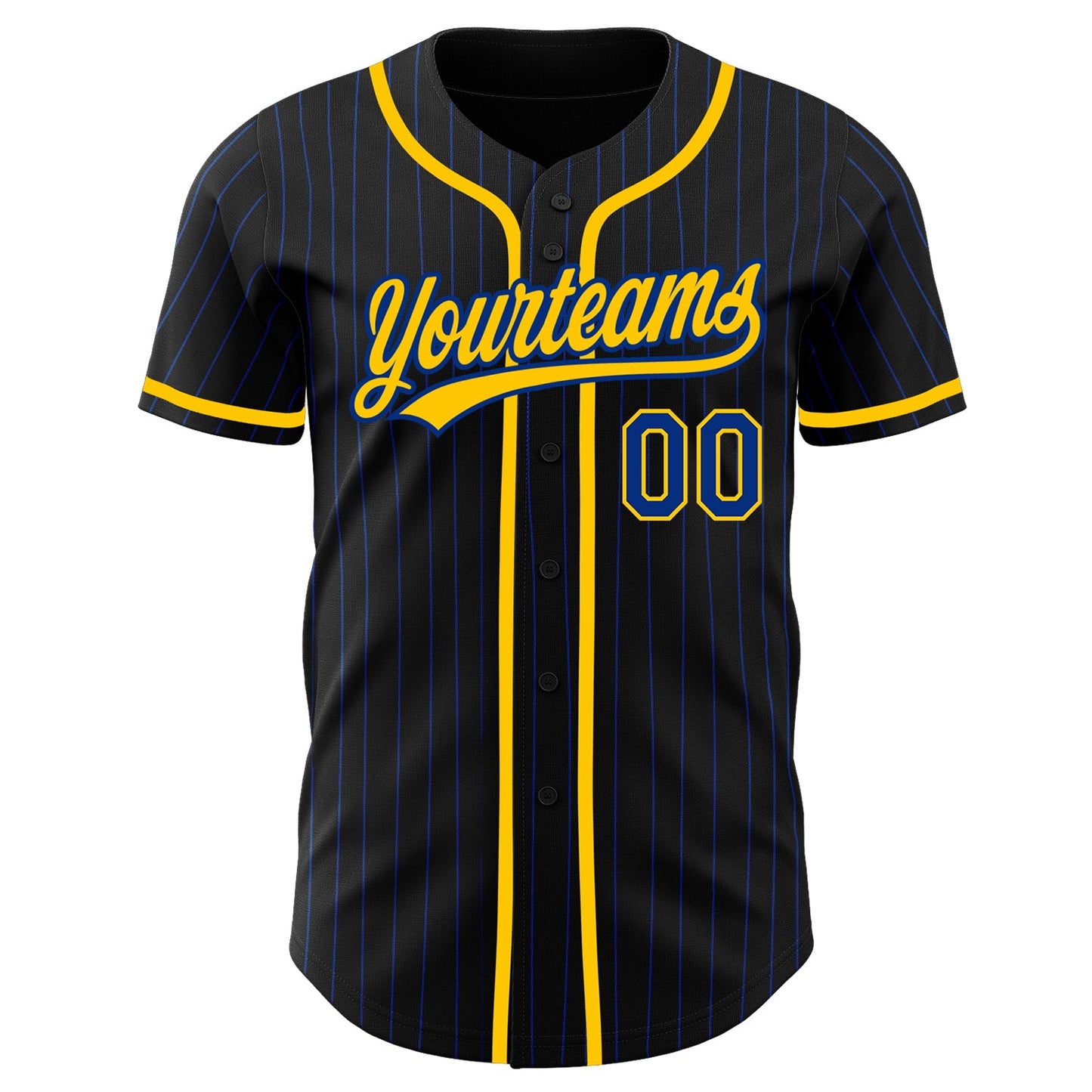Custom Black Royal Pinstripe Royal-Yellow Authentic Baseball Jersey view 2
