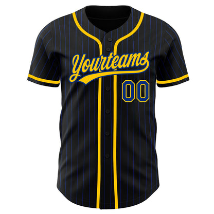Custom Black Royal Pinstripe Royal-Yellow Authentic Baseball Jersey view 2