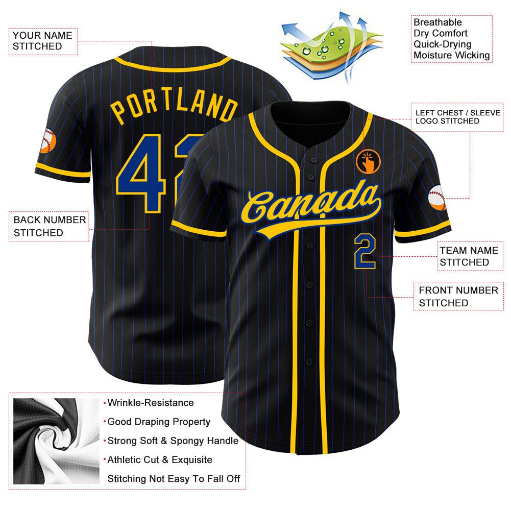 Custom Black Royal Pinstripe Royal-Yellow Authentic Baseball Jersey view 3
