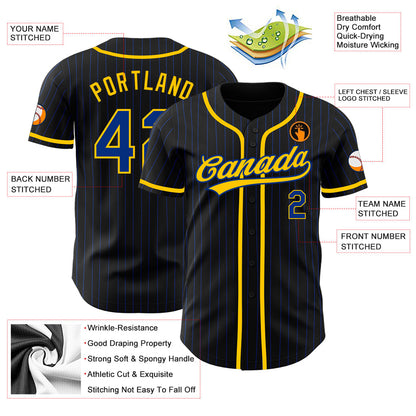 Custom Black Royal Pinstripe Royal-Yellow Authentic Baseball Jersey view 3