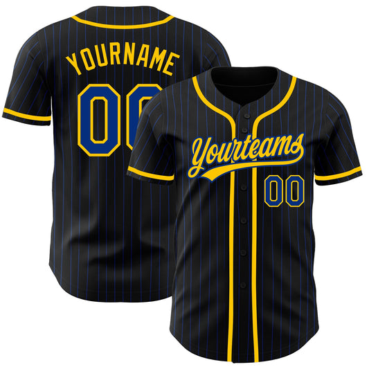 Custom Black Royal Pinstripe Royal-Yellow Authentic Baseball Jersey - Main View