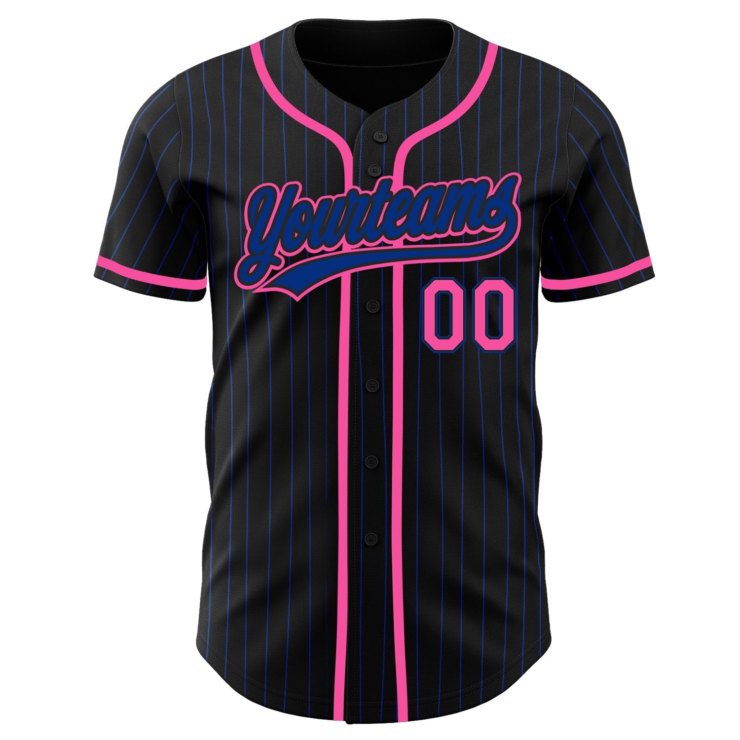 Custom Black Royal Pinstripe Pink Authentic Baseball Jersey view 2
