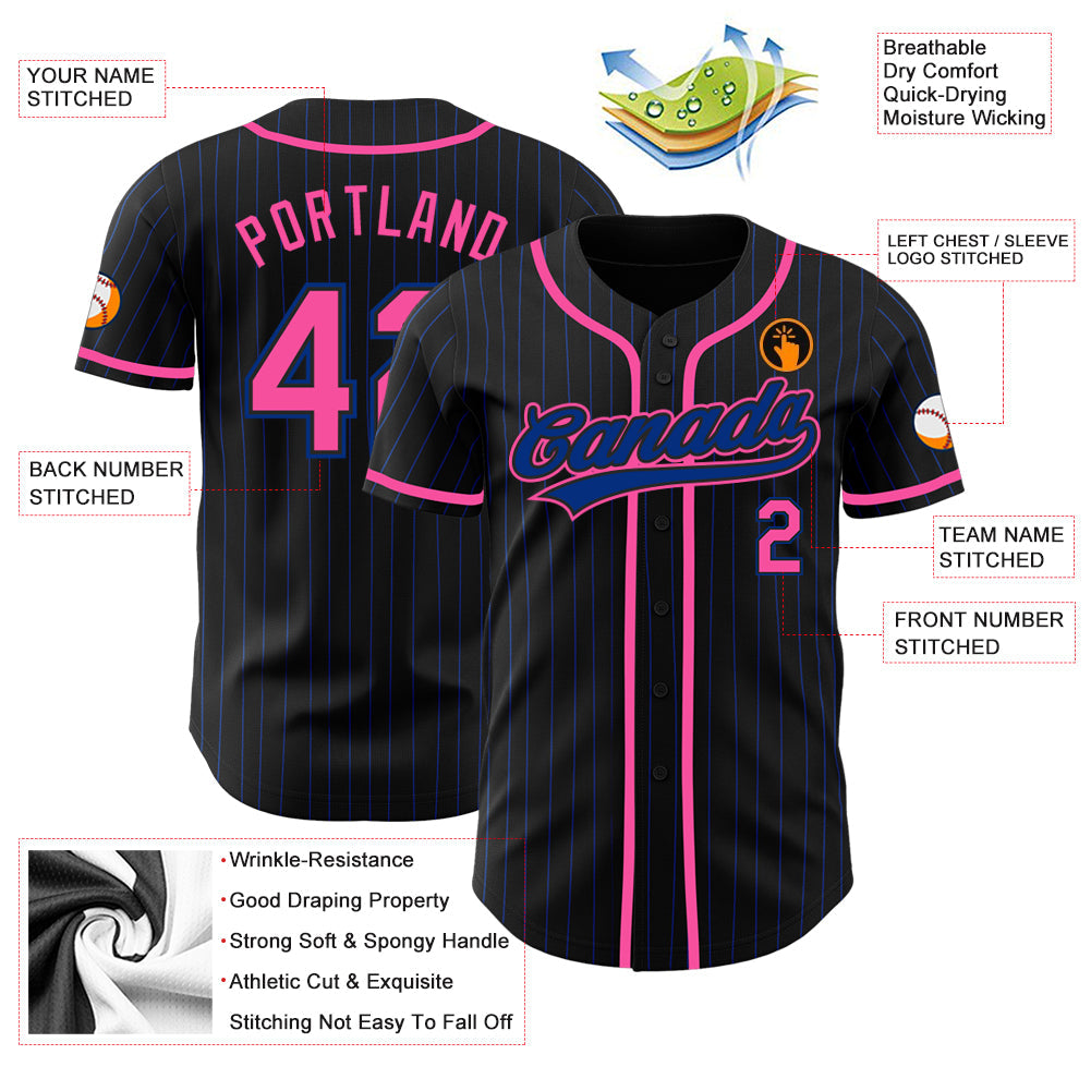 Custom Black Royal Pinstripe Pink Authentic Baseball Jersey view 3