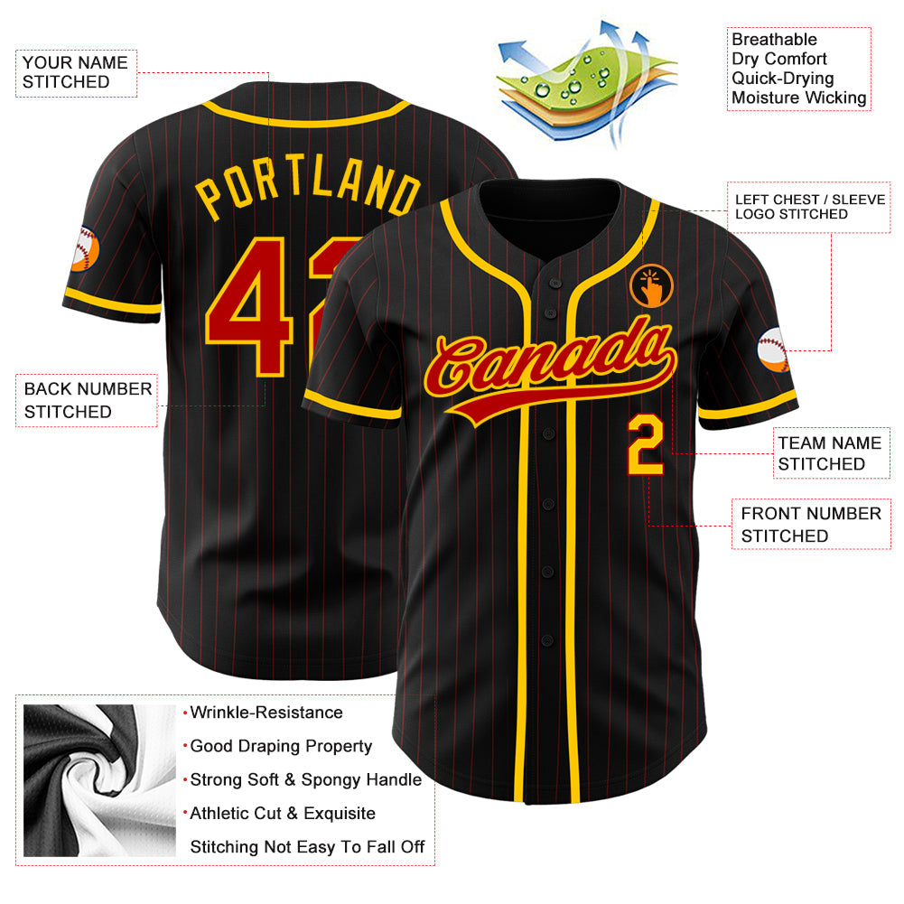 Custom Black Red Pinstripe Red-Yellow Authentic Baseball Jersey view 3