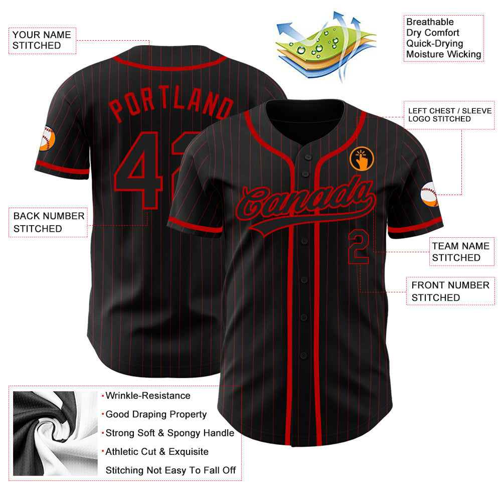 Custom Black Red Pinstripe Black Authentic Baseball Jersey view 3