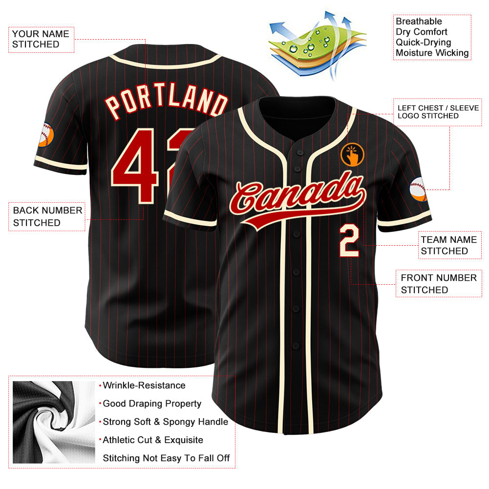 Custom Black Red Pinstripe Red-Cream Authentic Baseball Jersey view 3