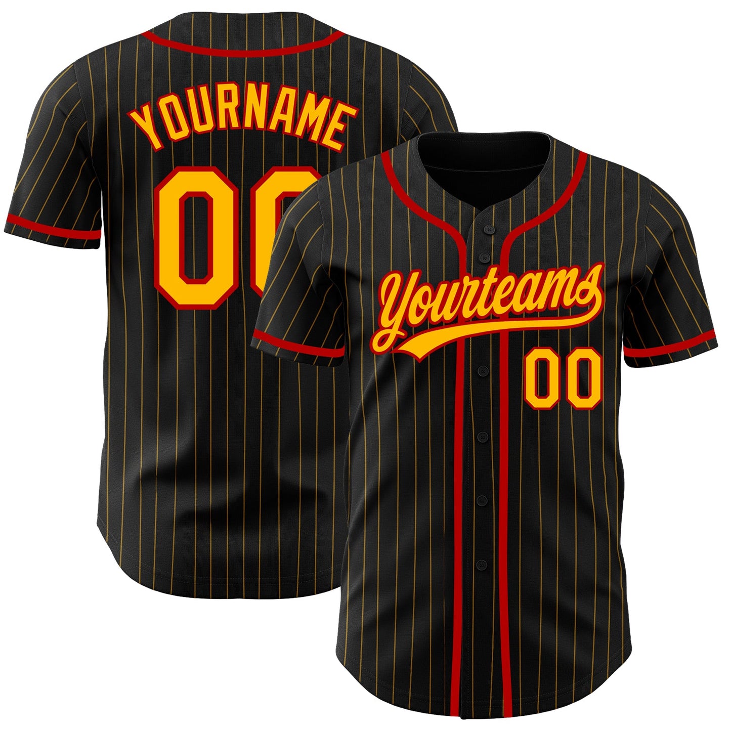 Custom Black Gold Pinstripe Gold-Red Authentic Baseball Jersey - Main View