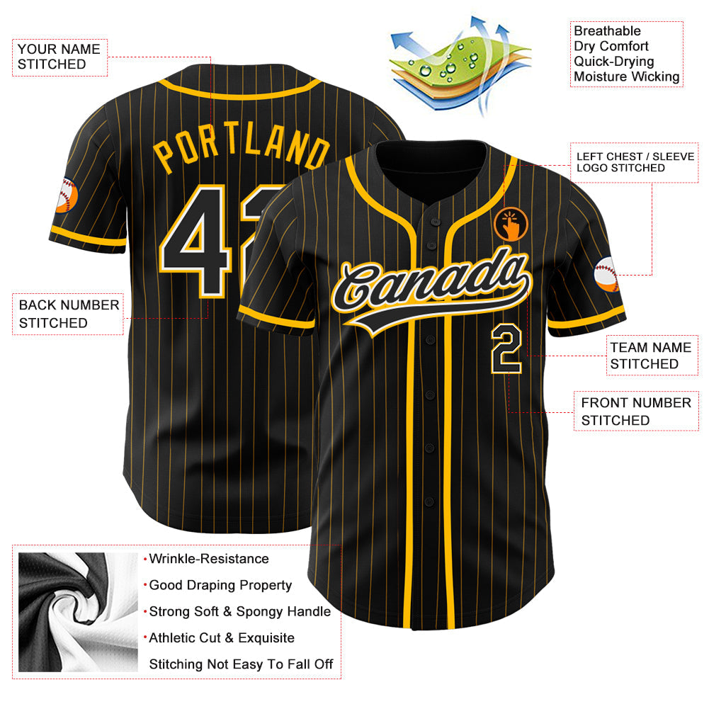 Custom Black Gold Pinstripe Black-White Authentic Baseball Jersey view 3
