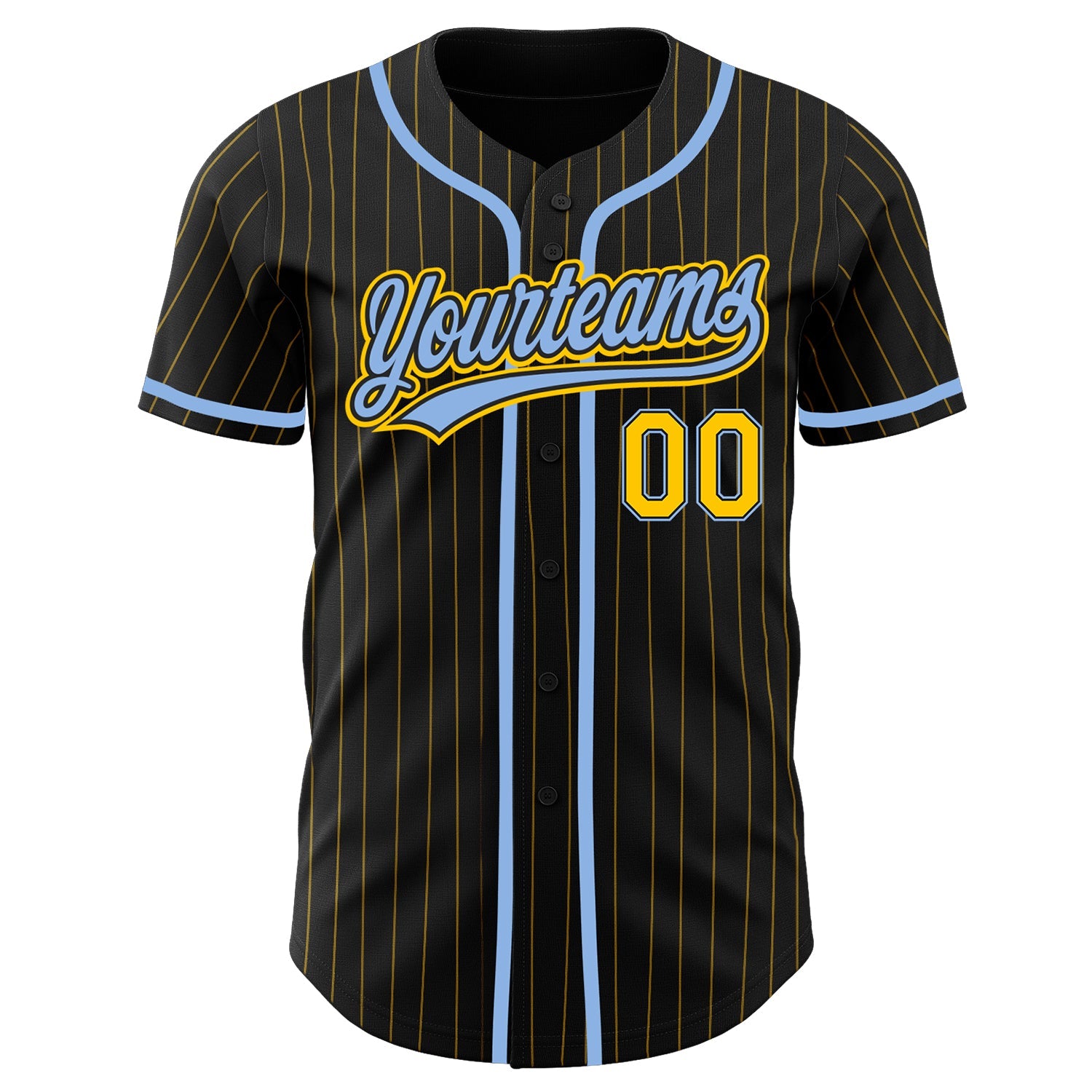 Custom Black Yellow Pinstripe Light Blue Authentic Baseball Jersey view 2