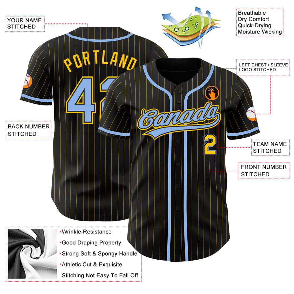Custom Black Yellow Pinstripe Light Blue Authentic Baseball Jersey view 3