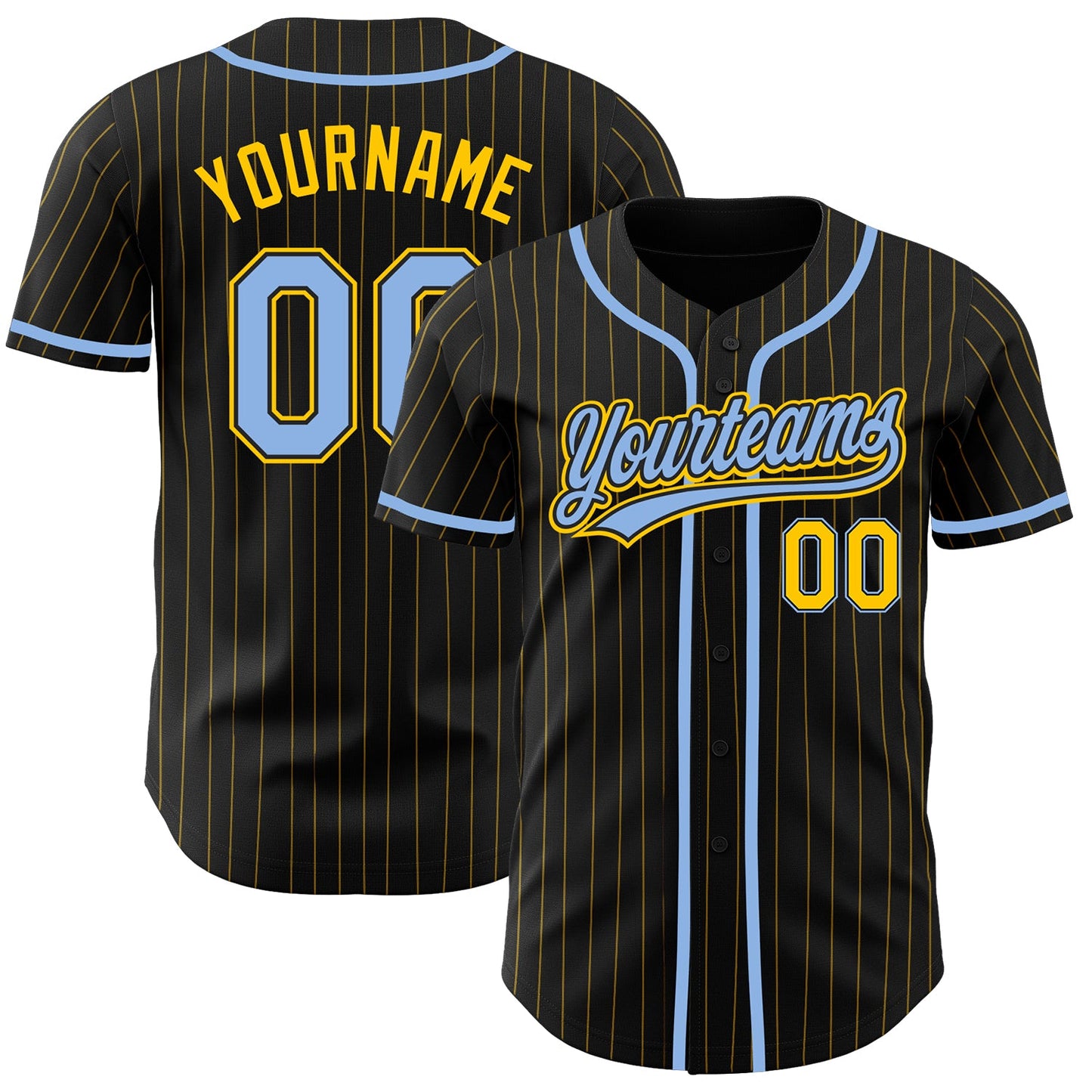 Custom Black Yellow Pinstripe Light Blue Authentic Baseball Jersey - Main View