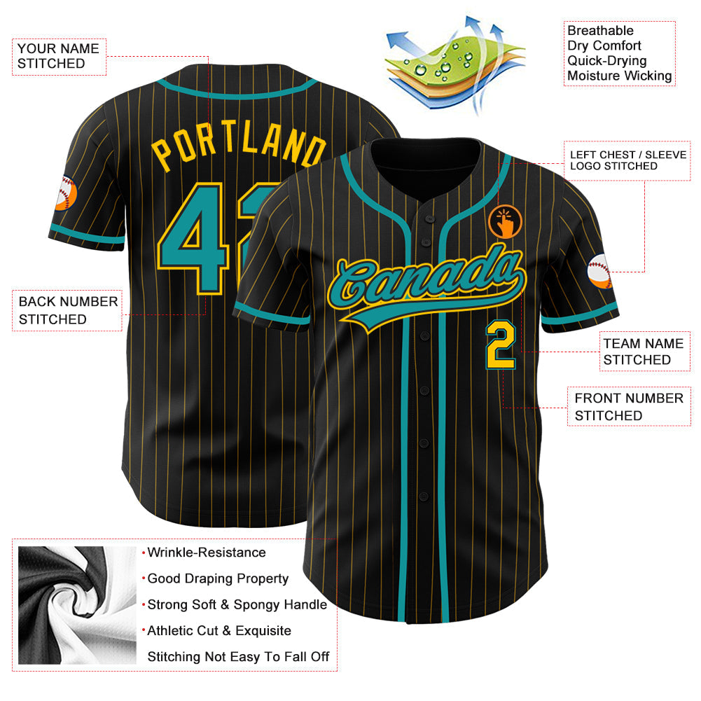 Custom Black Yellow Pinstripe Teal Authentic Baseball Jersey view 3