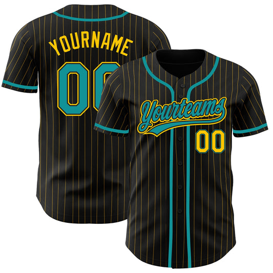Custom Black Yellow Pinstripe Teal Authentic Baseball Jersey - Main View