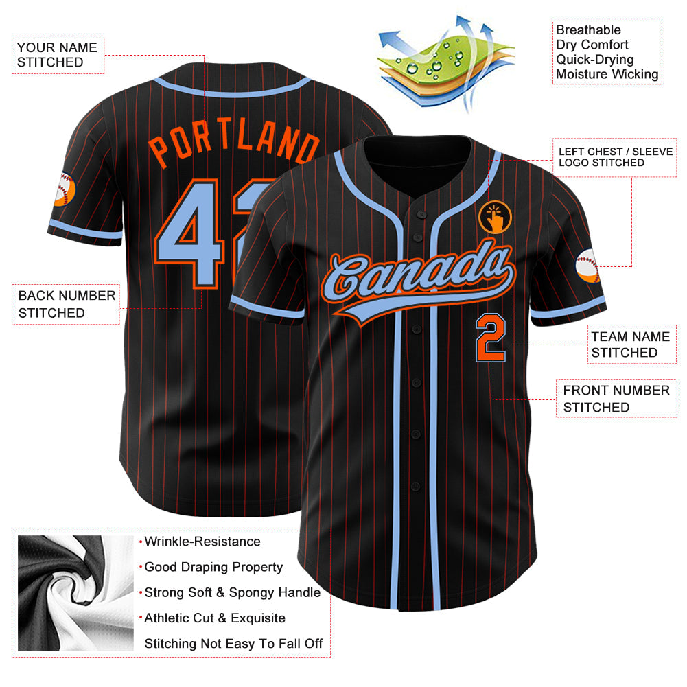 Custom Black Orange Pinstripe Light Blue Authentic Baseball Jersey view 3