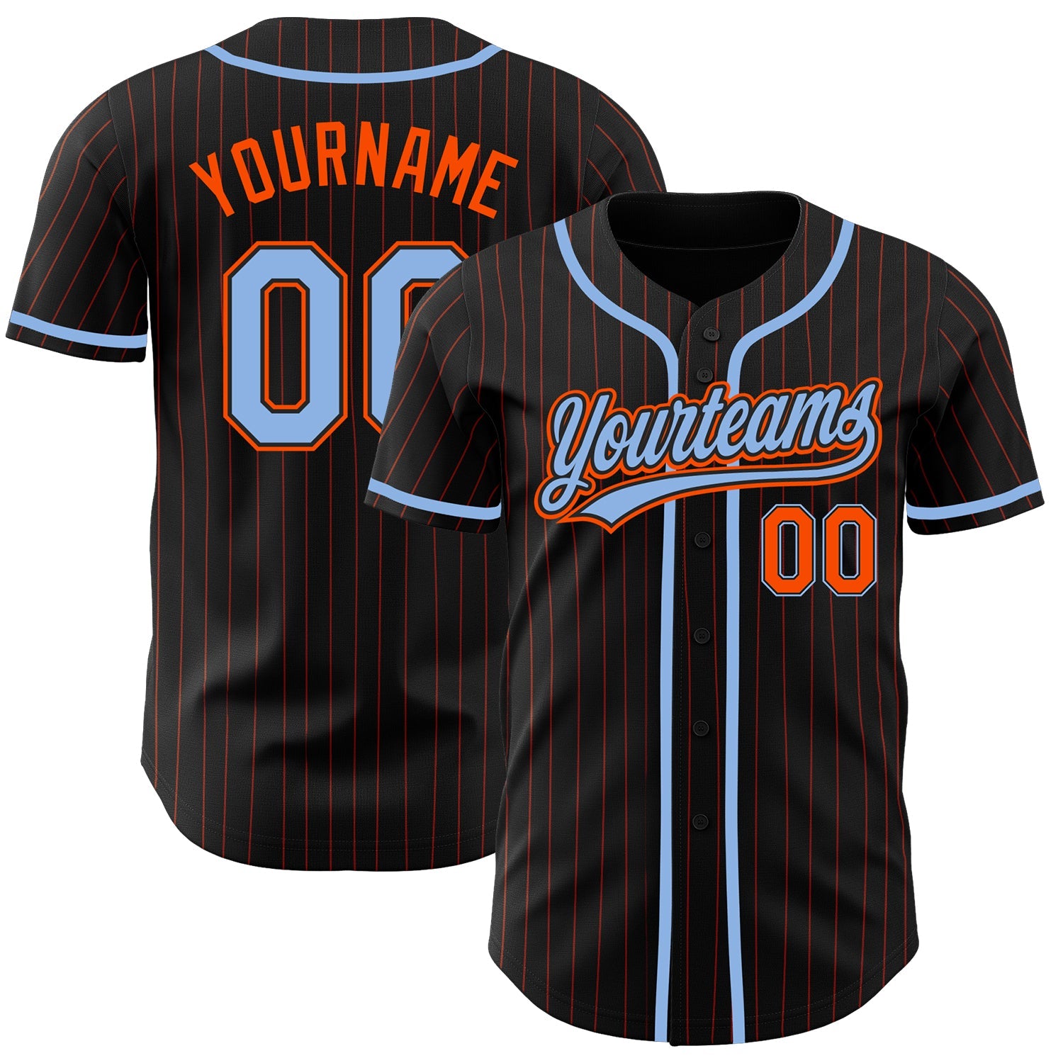 Custom Black Orange Pinstripe Light Blue Authentic Baseball Jersey - Main View