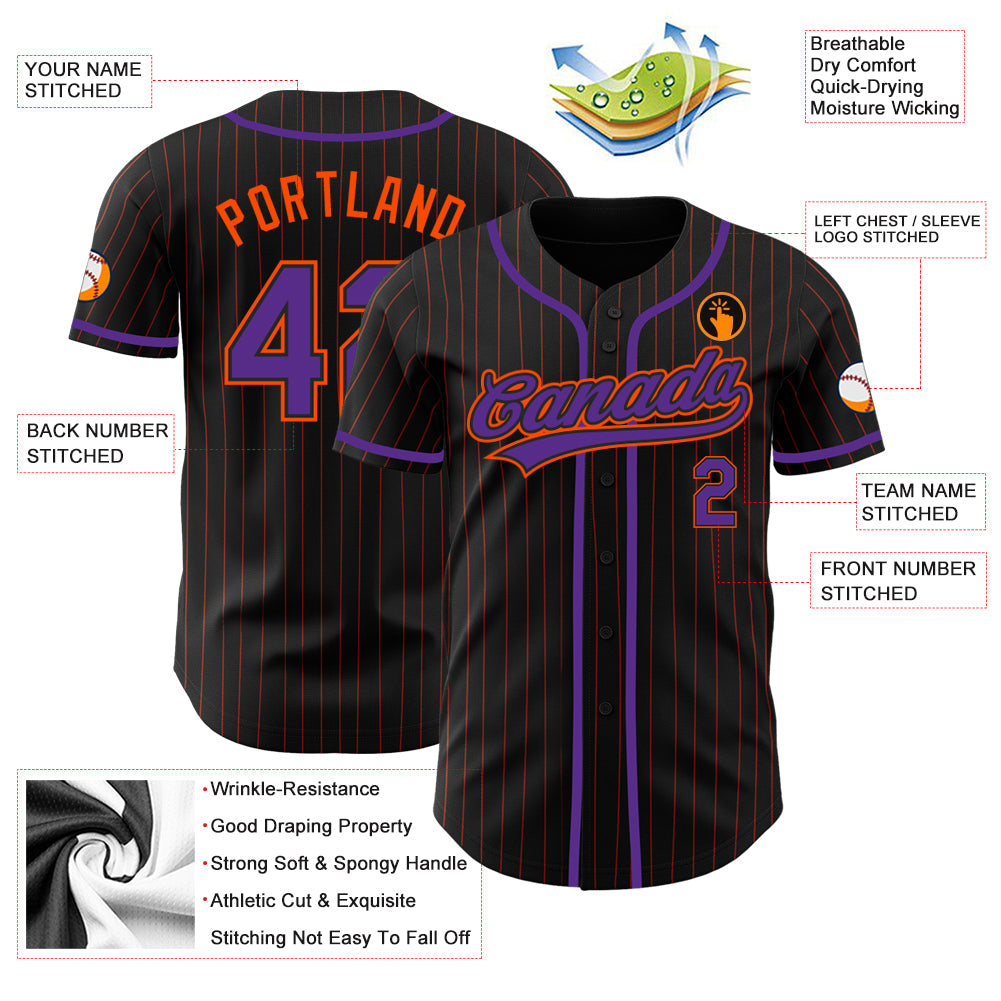 Custom Black Orange Pinstripe Purple Authentic Baseball Jersey view 3