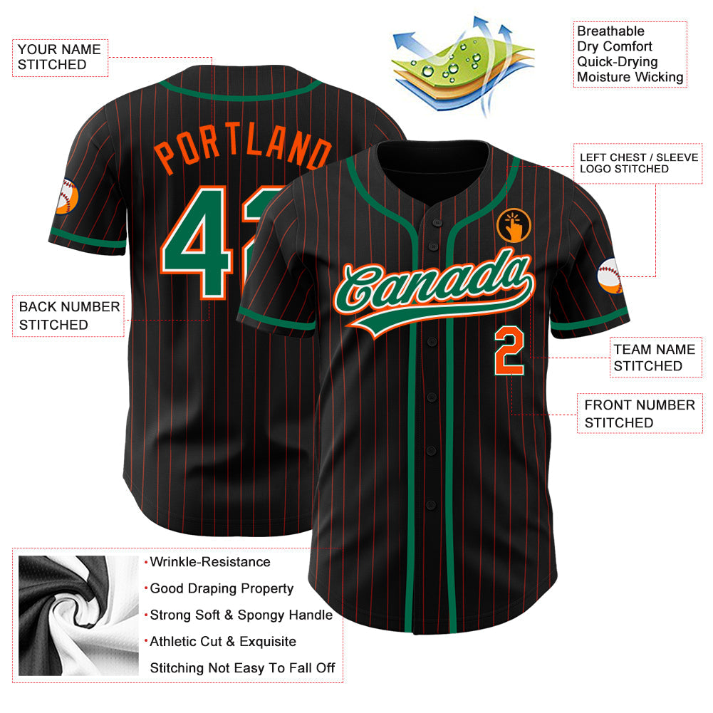 Custom Black Orange Pinstripe Kelly Green-White Authentic Baseball Jersey view 3