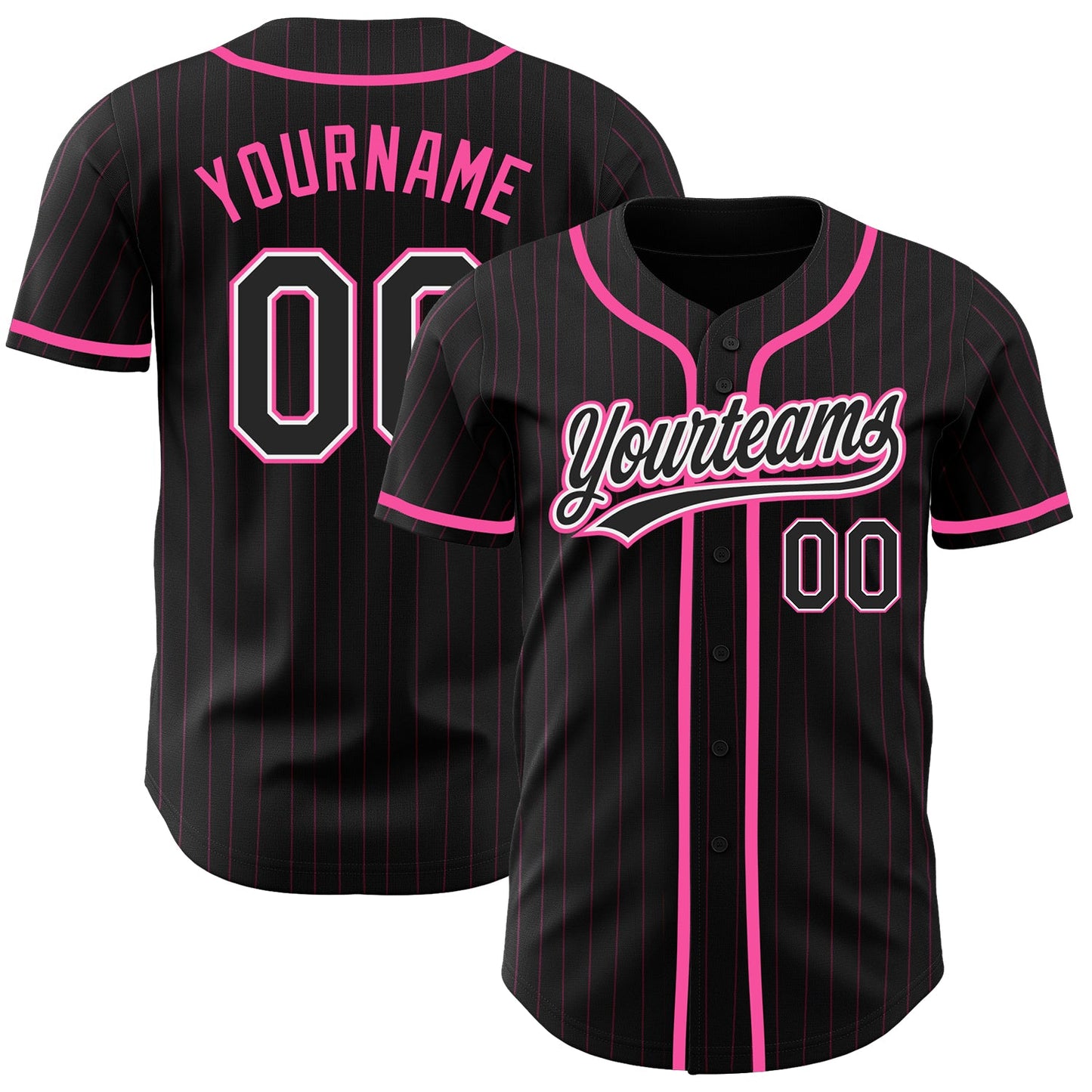 Custom Black Pink Pinstripe Black-White Authentic Baseball Jersey - Main View