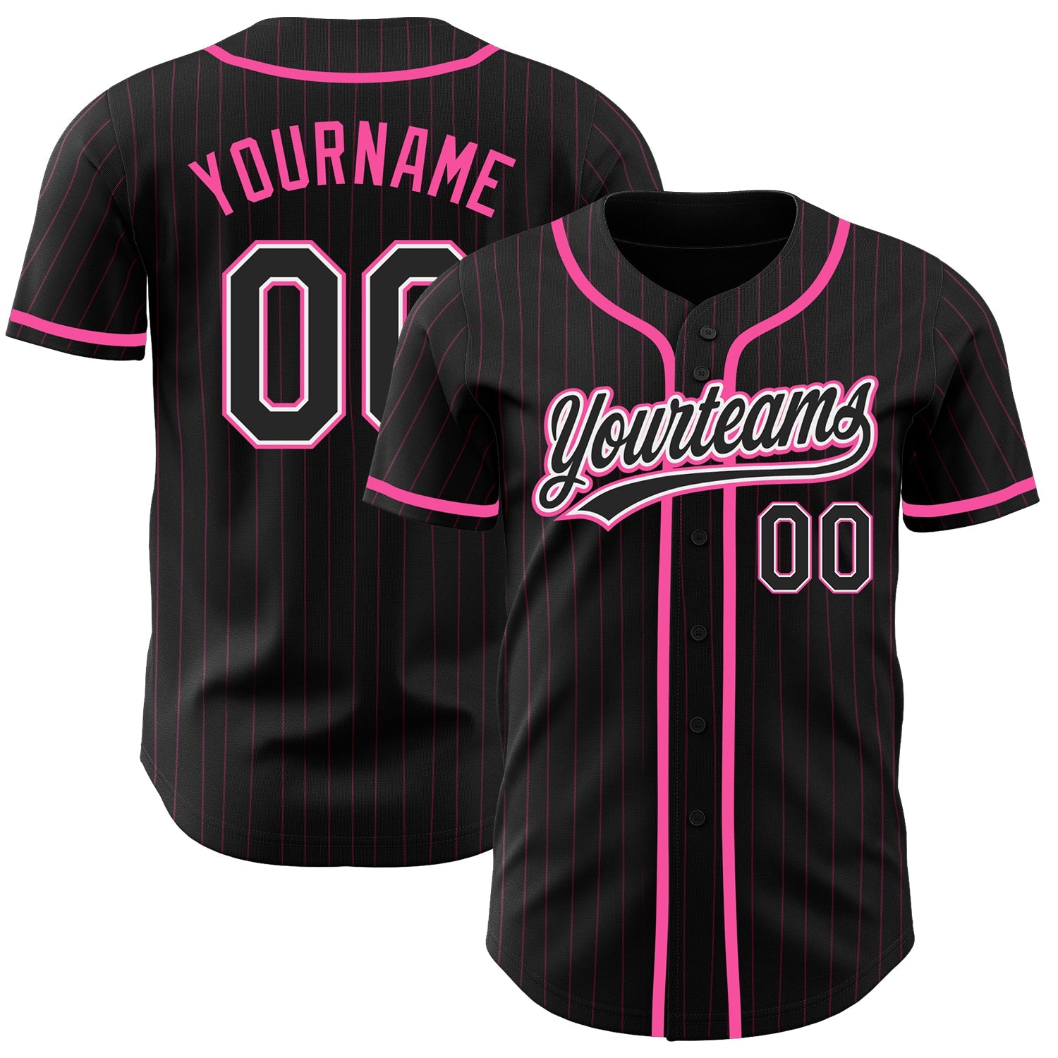 Custom Black Pink Pinstripe Black-White Authentic Baseball Jersey - Main View