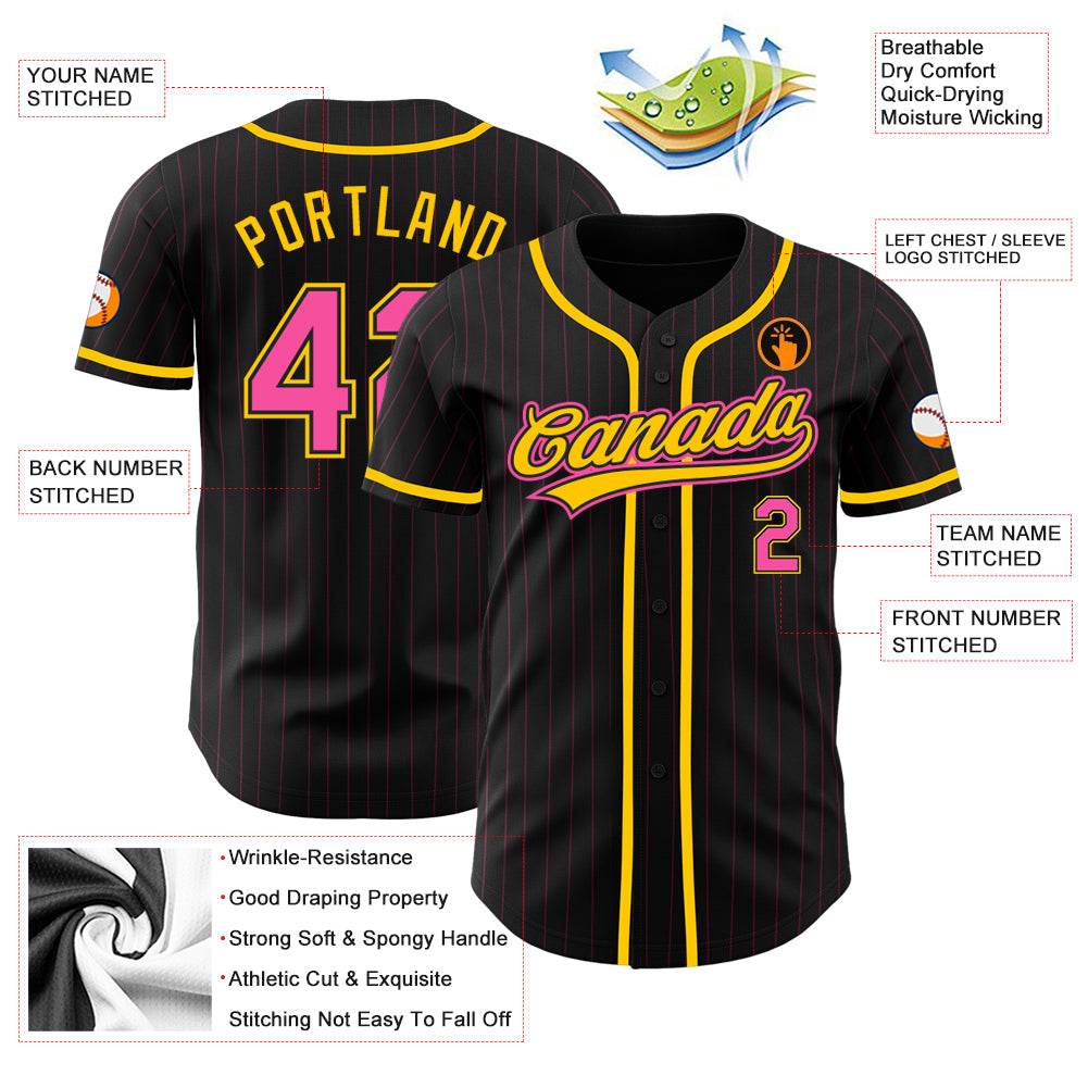Custom Black Pink Pinstripe Pink-Yellow Authentic Baseball Jersey view 3