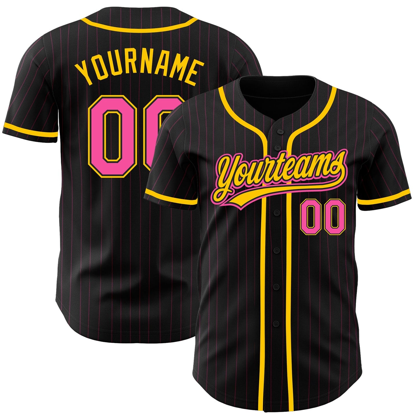 Custom Black Pink Pinstripe Pink-Yellow Authentic Baseball Jersey - Main View