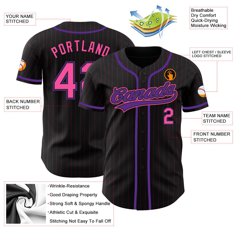 Custom Black Pink Pinstripe Pink-Purple Authentic Baseball Jersey view 3