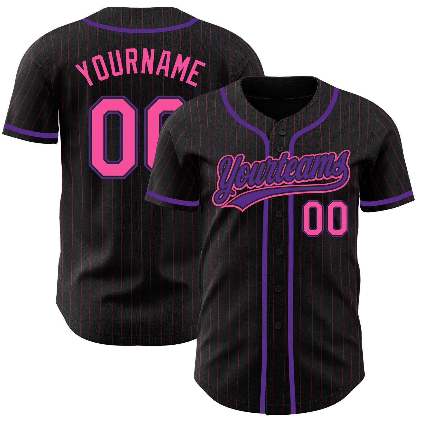 Custom Black Pink Pinstripe Pink-Purple Authentic Baseball Jersey - Main View