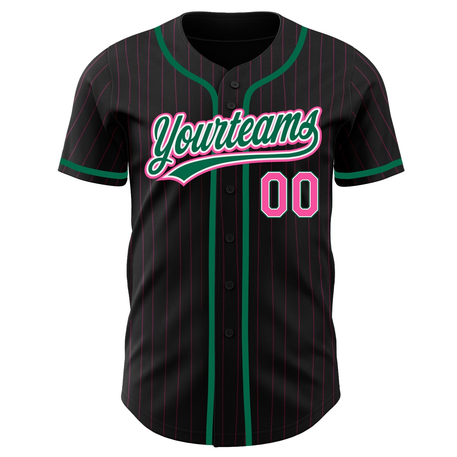 Custom Black Pink Pinstripe Pink-Kelly Green Authentic Baseball Jersey view 2