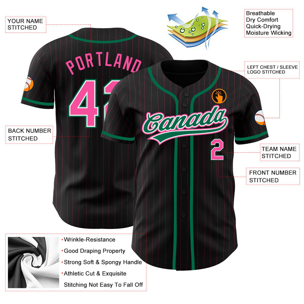 Custom Black Pink Pinstripe Pink-Kelly Green Authentic Baseball Jersey view 3