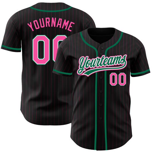 Custom Black Pink Pinstripe Pink-Kelly Green Authentic Baseball Jersey - Main View