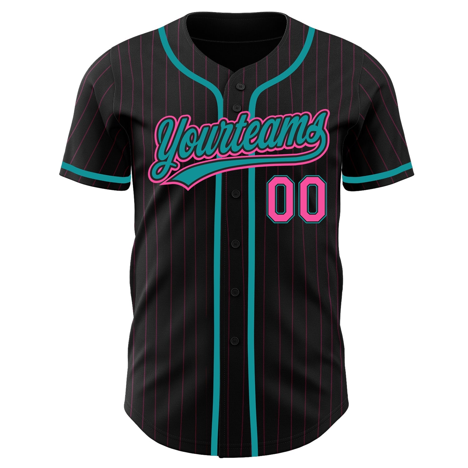 Custom Black Pink Pinstripe Pink-Teal Authentic Baseball Jersey view 2