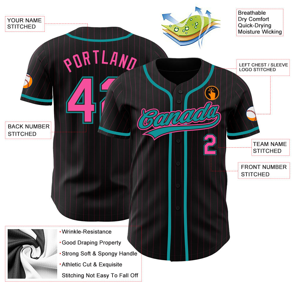 Custom Black Pink Pinstripe Pink-Teal Authentic Baseball Jersey view 3