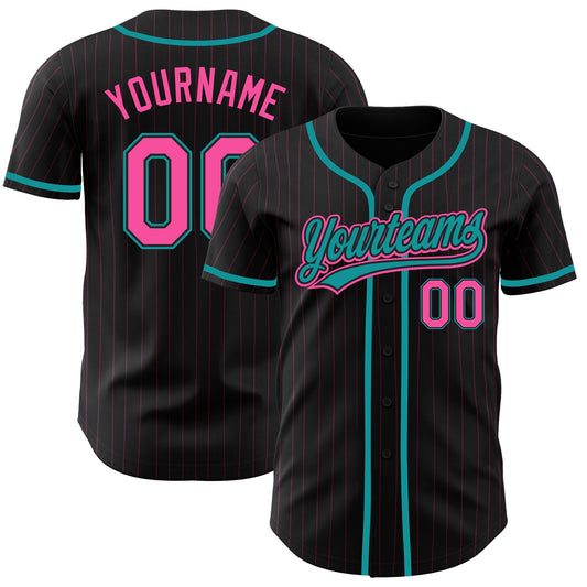 Custom Black Pink Pinstripe Pink-Teal Authentic Baseball Jersey - Main View