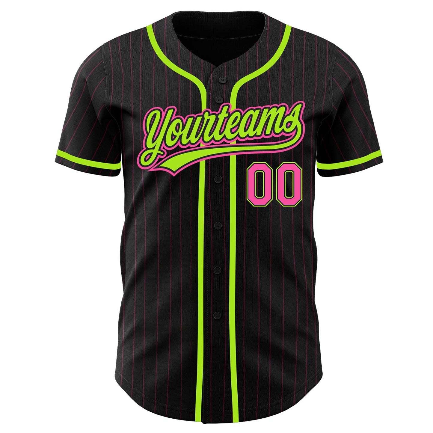 Custom Black Pink Pinstripe Pink-Neon Green Authentic Baseball Jersey view 2