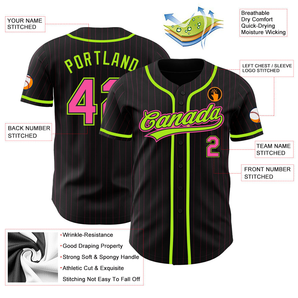 Custom Black Pink Pinstripe Pink-Neon Green Authentic Baseball Jersey view 3