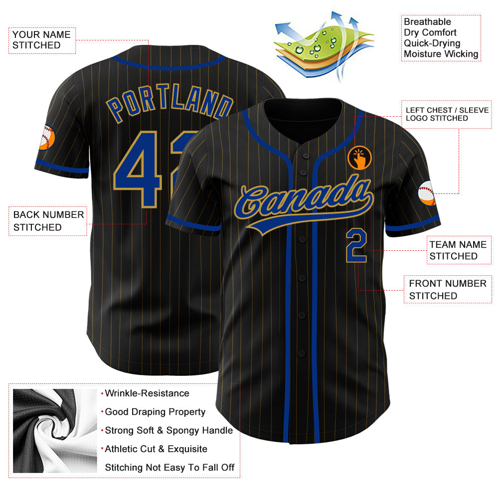 Custom Black Old Gold Pinstripe Royal Authentic Baseball Jersey view 3