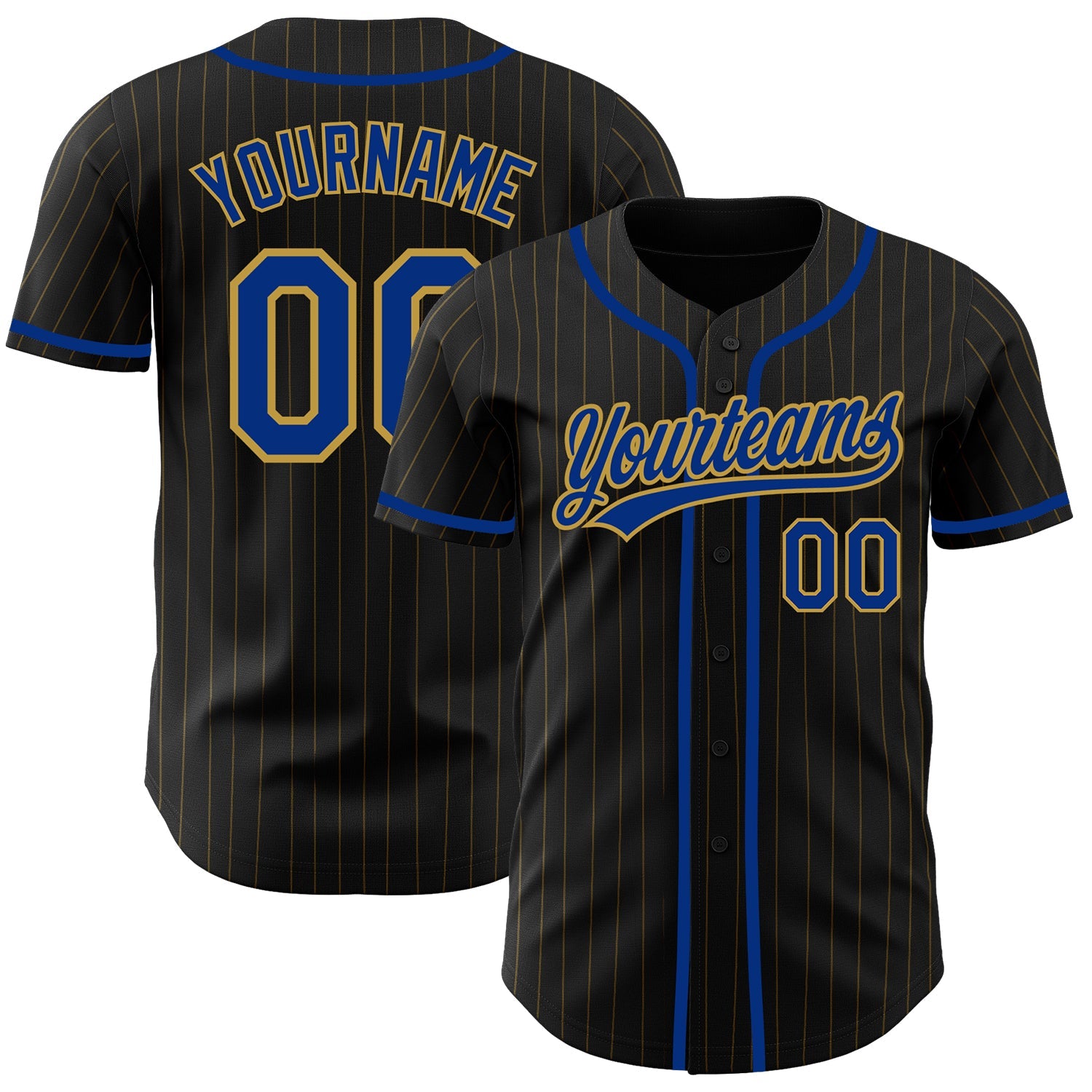 Custom Black Old Gold Pinstripe Royal Authentic Baseball Jersey - Main View
