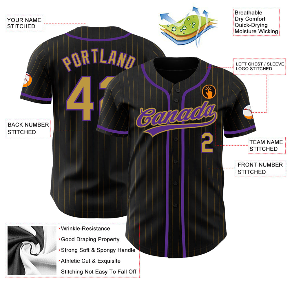 Custom Black Old Gold Pinstripe Old Gold-Purple Authentic Baseball Jersey view 3