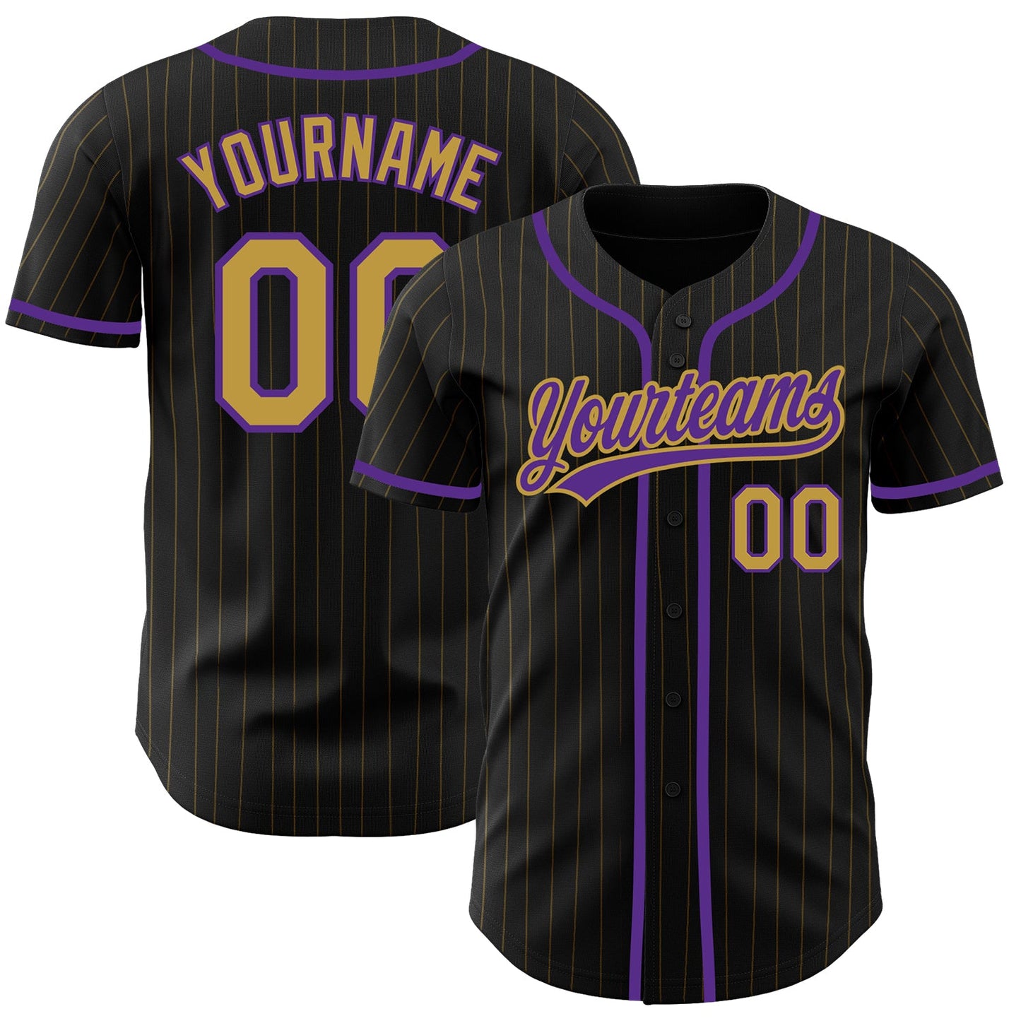 Custom Black Old Gold Pinstripe Old Gold-Purple Authentic Baseball Jersey - Main View