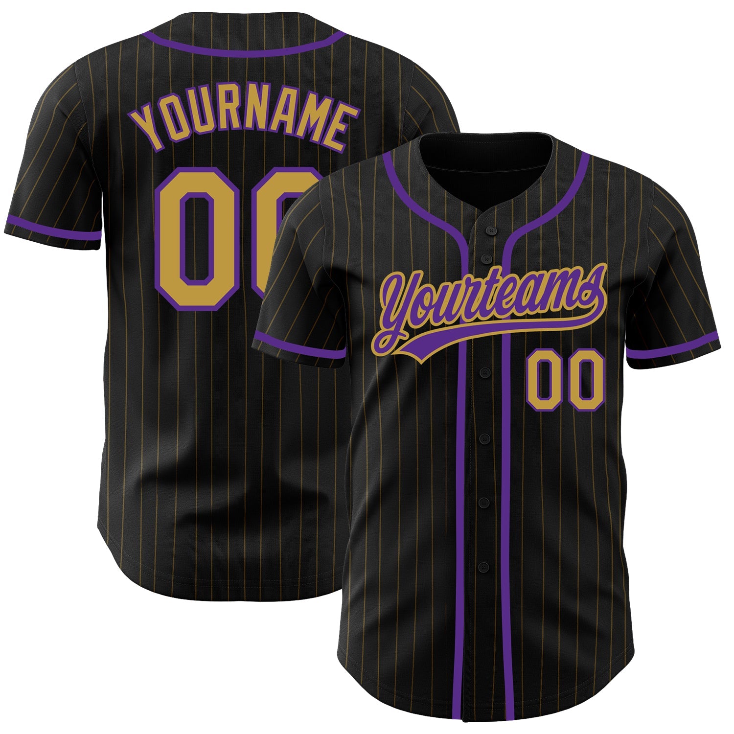 Custom Black Old Gold Pinstripe Old Gold-Purple Authentic Baseball Jersey - Main View