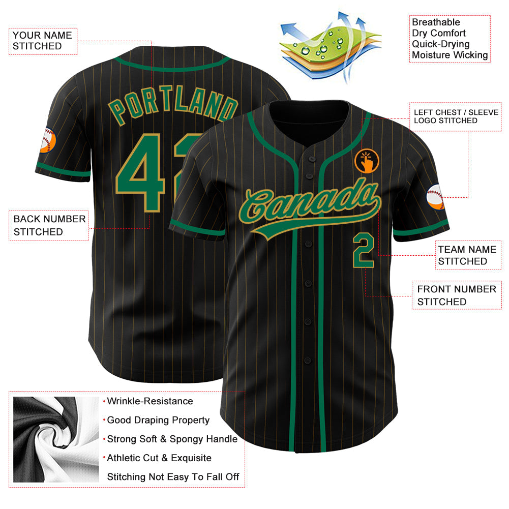 Custom Black Old Gold Pinstripe Kelly Green Authentic Baseball Jersey view 3