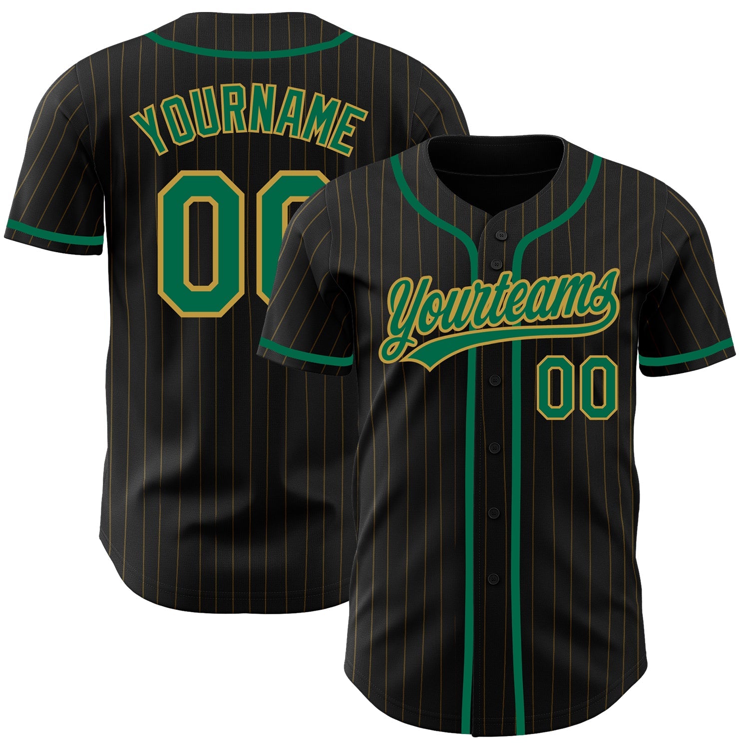 Custom Black Old Gold Pinstripe Kelly Green Authentic Baseball Jersey - Main View