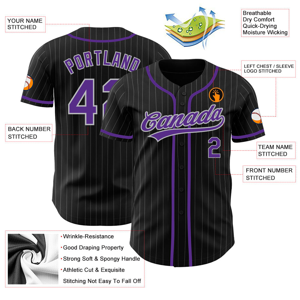Custom Black Gray Pinstripe Purple Authentic Baseball Jersey view 3