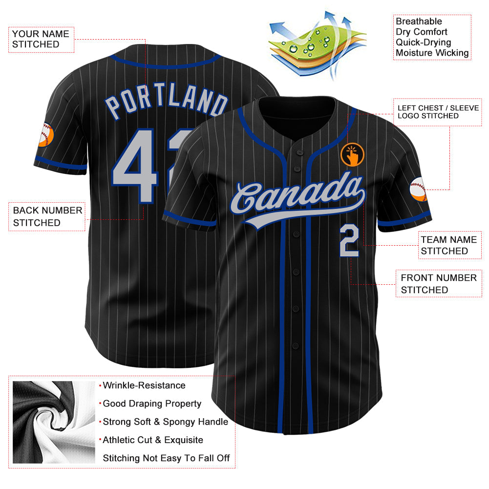 Custom Black Gray Pinstripe Gray-Royal Authentic Baseball Jersey view 3