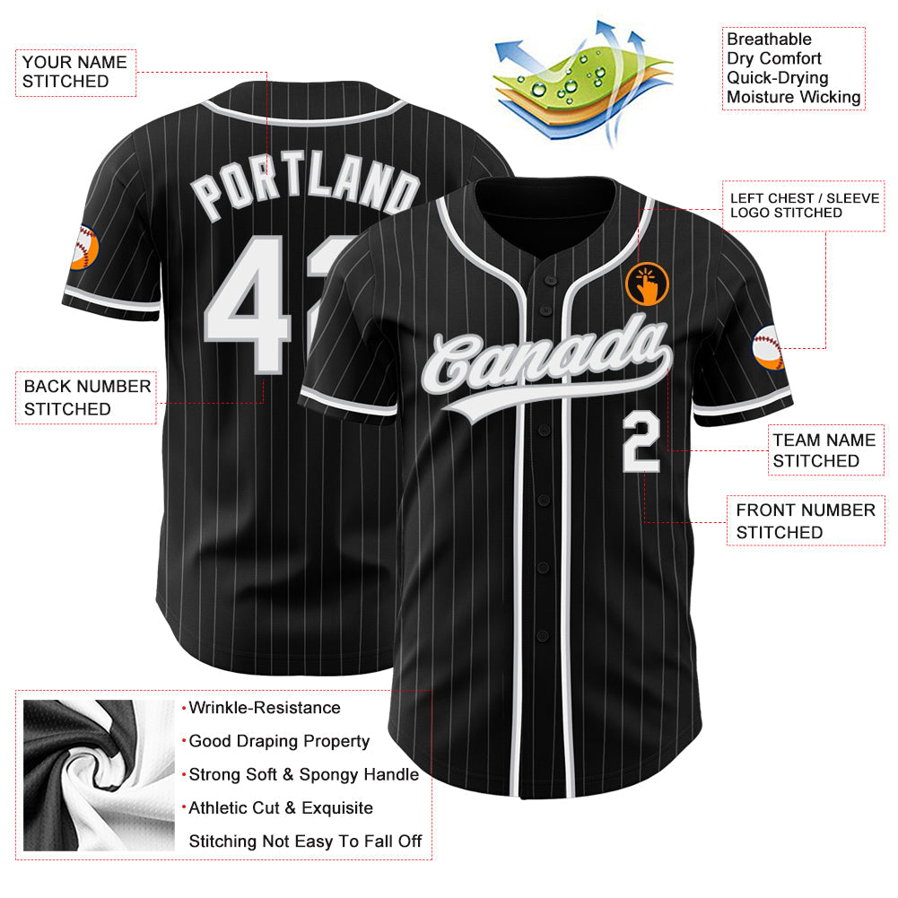 Custom Black Gray Pinstripe White Authentic Baseball Jersey view 4